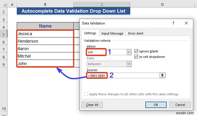 รายการตรวจสอบความถูกต้องของข้อมูลเติมอัตโนมัติใน Excel (2 วิธี)