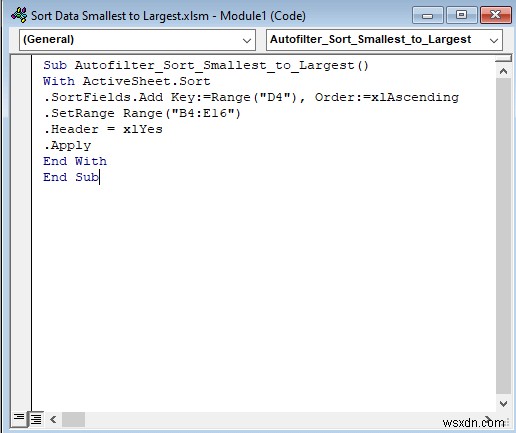 ตัวกรองอัตโนมัติ VBA:เรียงลำดับจากน้อยไปมาก (3 วิธี)