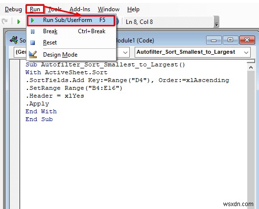 ตัวกรองอัตโนมัติ VBA:เรียงลำดับจากน้อยไปมาก (3 วิธี)