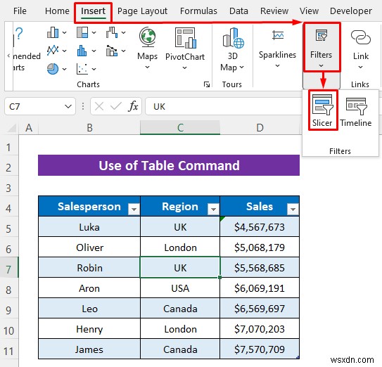 วิธีการแทรกตัวแบ่งส่วนข้อมูลโดยไม่ใช้ Pivot Table ใน Excel