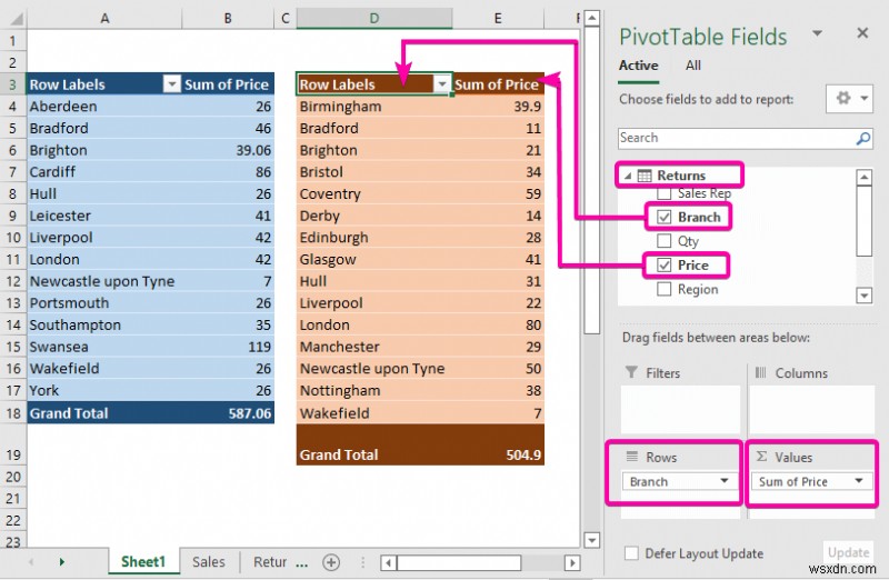 เชื่อมต่อตัวแบ่งส่วนข้อมูลกับตาราง Pivot หลายรายการจากแหล่งข้อมูลที่แตกต่างกัน