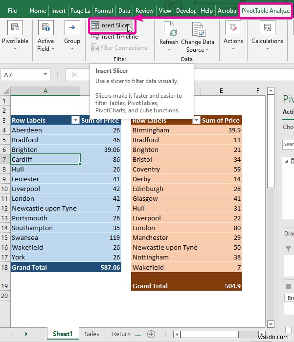 เชื่อมต่อตัวแบ่งส่วนข้อมูลกับตาราง Pivot หลายรายการจากแหล่งข้อมูลที่แตกต่างกัน