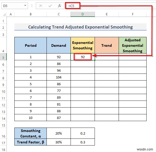 วิธีคำนวณการปรับให้เรียบแบบเอ็กซ์โพเนนเชียลของเทรนด์ใน Excel