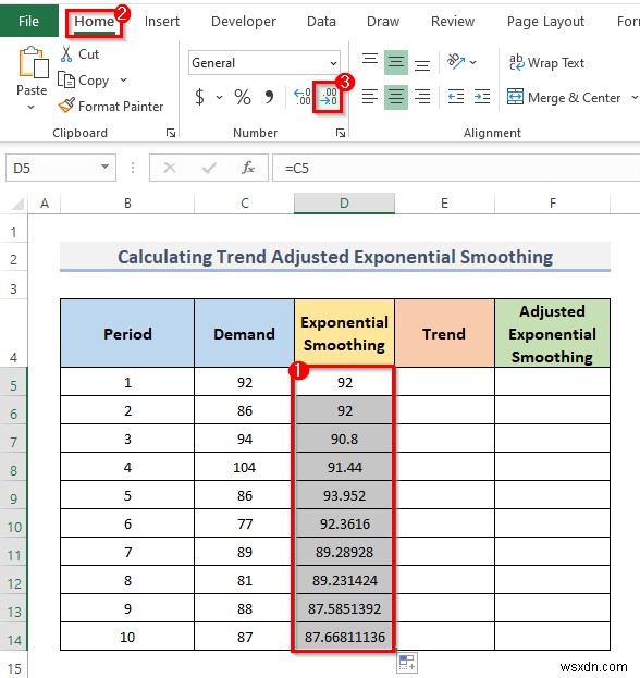 วิธีคำนวณการปรับให้เรียบแบบเอ็กซ์โพเนนเชียลของเทรนด์ใน Excel