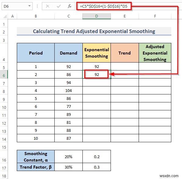 วิธีคำนวณการปรับให้เรียบแบบเอ็กซ์โพเนนเชียลของเทรนด์ใน Excel