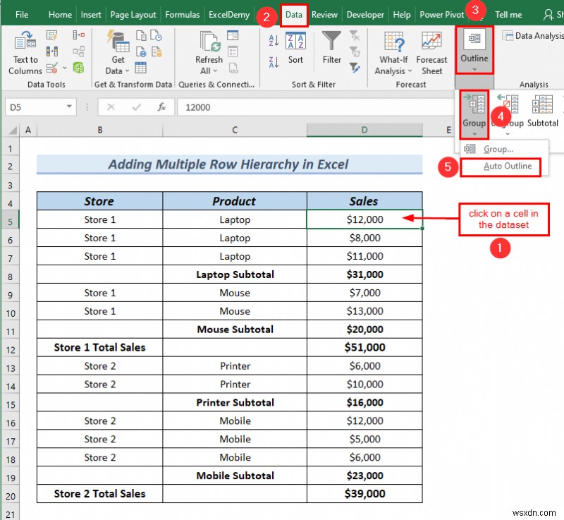 วิธีการเพิ่มลำดับชั้นของแถวใน Excel (2 วิธีง่ายๆ)