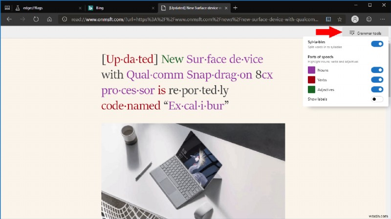 วิธีเปิดใช้งานเครื่องมือไวยากรณ์ในมุมมองการอ่านใน Edge Insider