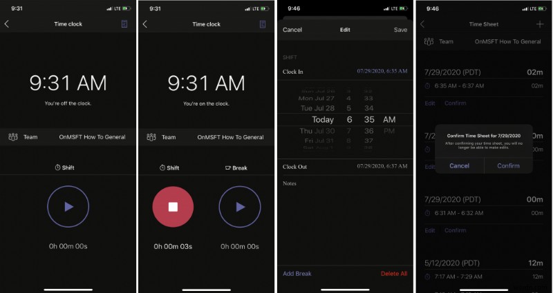 วิธีใช้นาฬิกาเวลาในกะใน Teams บน iOS และ Android