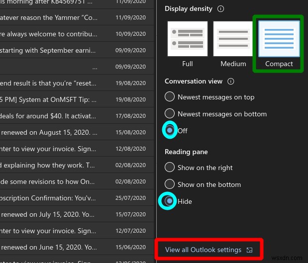 วิธีรับเค้าโครงกล่องจดหมายที่กะทัดรัดยิ่งขึ้นในเว็บแอป Outlook