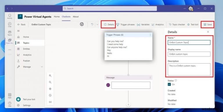 วิธีสร้างและแก้ไขหัวข้อสำหรับแชทบ็อตของ Power Virtual Agents บน Microsoft Teams