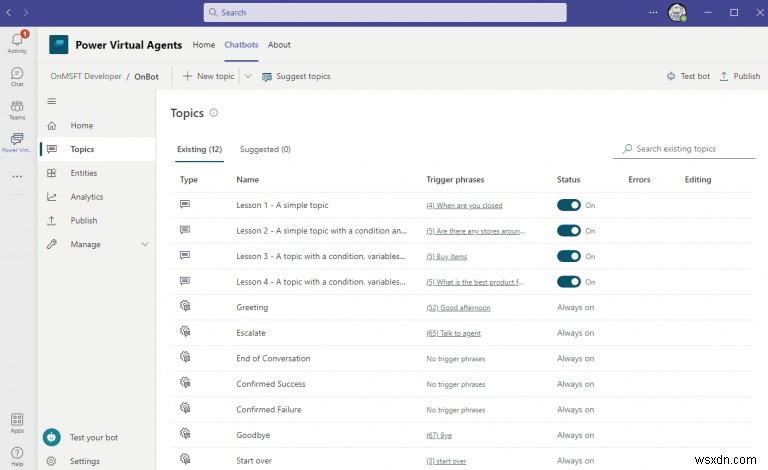 วิธีสร้างและแก้ไขหัวข้อสำหรับแชทบ็อตของ Power Virtual Agents บน Microsoft Teams