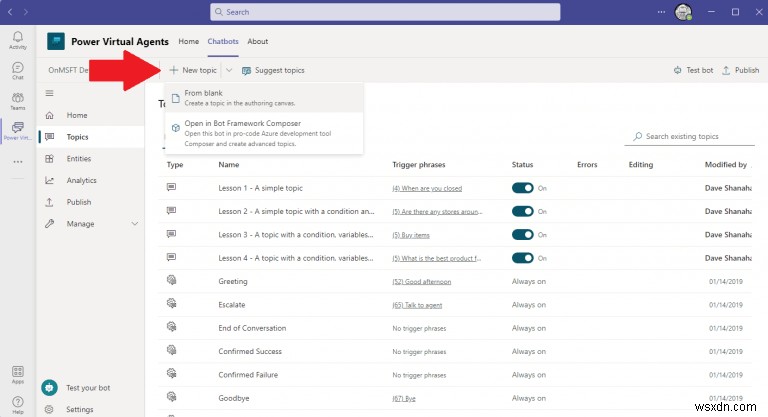 วิธีสร้างและแก้ไขหัวข้อสำหรับแชทบ็อตของ Power Virtual Agents บน Microsoft Teams