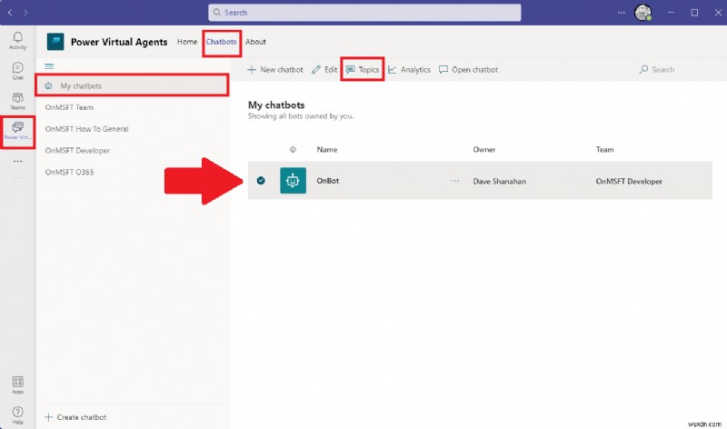 วิธีสร้างและแก้ไขหัวข้อสำหรับแชทบ็อตของ Power Virtual Agents บน Microsoft Teams