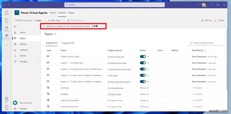 วิธีสร้างและแก้ไขหัวข้อสำหรับแชทบ็อตของ Power Virtual Agents บน Microsoft Teams