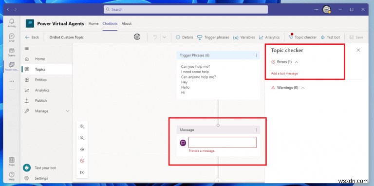 วิธีสร้างและแก้ไขหัวข้อสำหรับแชทบ็อตของ Power Virtual Agents บน Microsoft Teams