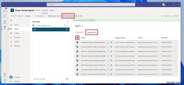 วิธีสร้างและแก้ไขหัวข้อสำหรับแชทบ็อตของ Power Virtual Agents บน Microsoft Teams