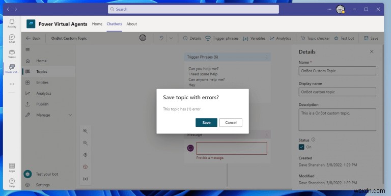 วิธีสร้างและแก้ไขหัวข้อสำหรับแชทบ็อตของ Power Virtual Agents บน Microsoft Teams