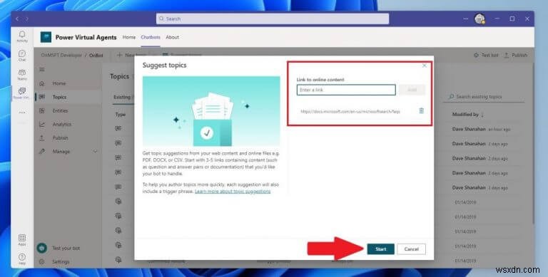 วิธีสร้างและแก้ไขหัวข้อสำหรับแชทบ็อตของ Power Virtual Agents บน Microsoft Teams