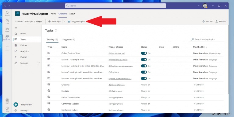 วิธีสร้างและแก้ไขหัวข้อสำหรับแชทบ็อตของ Power Virtual Agents บน Microsoft Teams