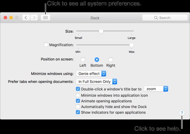 วิธีใช้แผงการตั้งค่าเพื่อปรับแต่ง Dock