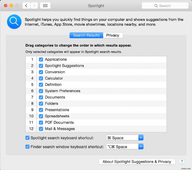 วิธีใช้บานหน้าต่างการตั้งค่า Spotlight เพื่อปรับแต่งการค้นหา