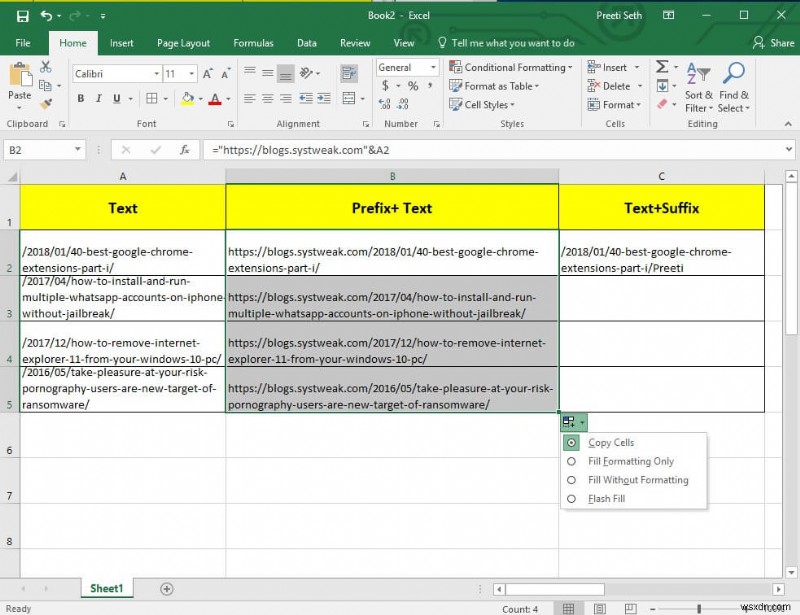 วิธีง่ายๆ ในการเพิ่มคำนำหน้าให้กับทุกเซลล์ใน Excel