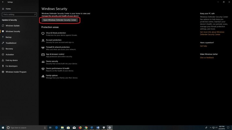 วิธีเปิด Windows Defender ใน Windows 10