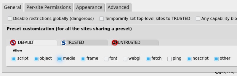 วิธีกำหนดค่า Noscript สำหรับผู้ใช้ทั่วไป