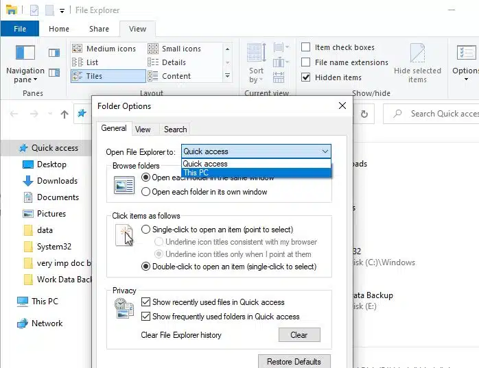 วิธีทำให้ File Explorer เปิดในพีซีเครื่องนี้แทนการเข้าถึงด่วน windows 10