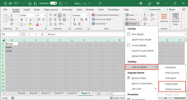 คืนค่าการมองเห็น:ยกเลิกการซ่อนคอลัมน์หรือแถวแรกใน Excel 