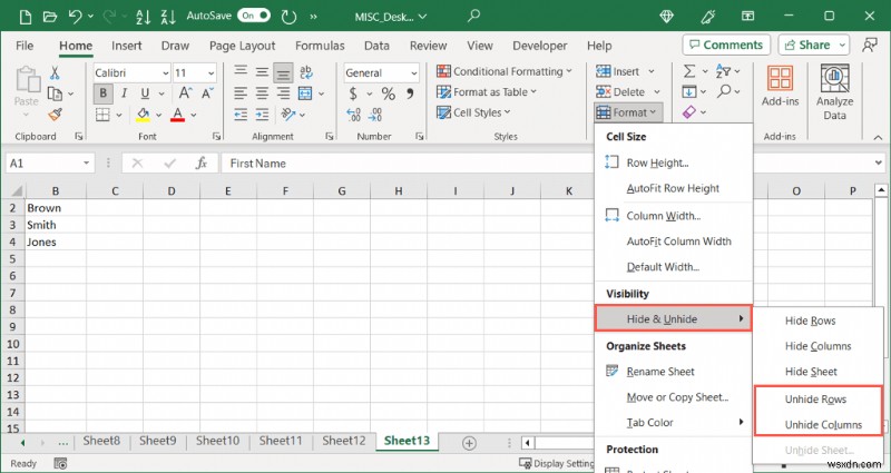 คืนค่าการมองเห็น:ยกเลิกการซ่อนคอลัมน์หรือแถวแรกใน Excel 