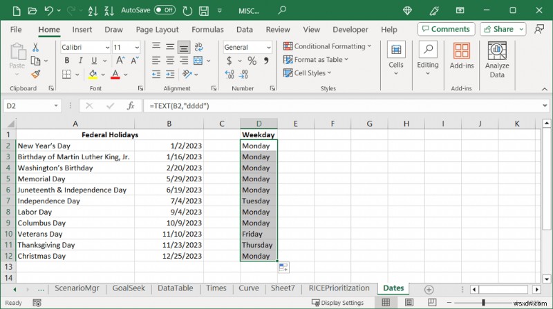 แปลงวันที่ของ Excel เป็นชื่อวันธรรมดาได้อย่างง่ายดาย 