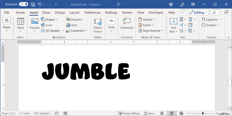 สร้างตัวอักษร Bubble ขี้เล่นใน Microsoft Word:คำแนะนำทีละขั้นตอน 