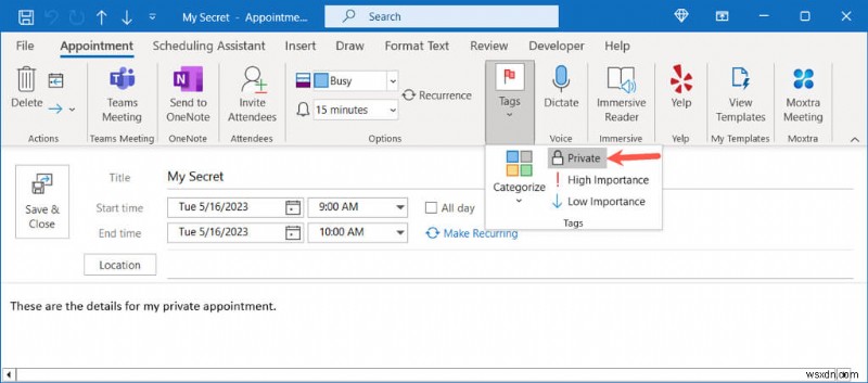 เก็บการนัดหมายส่วนตัวของคุณเป็นความลับใน Outlook:คำแนะนำทีละขั้นตอน 