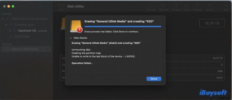 แก้ไขข้อผิดพลาด macOS Disk Utility 69760: ไม่สามารถเขียนไปยังบล็อกสุดท้ายของอุปกรณ์ได้  