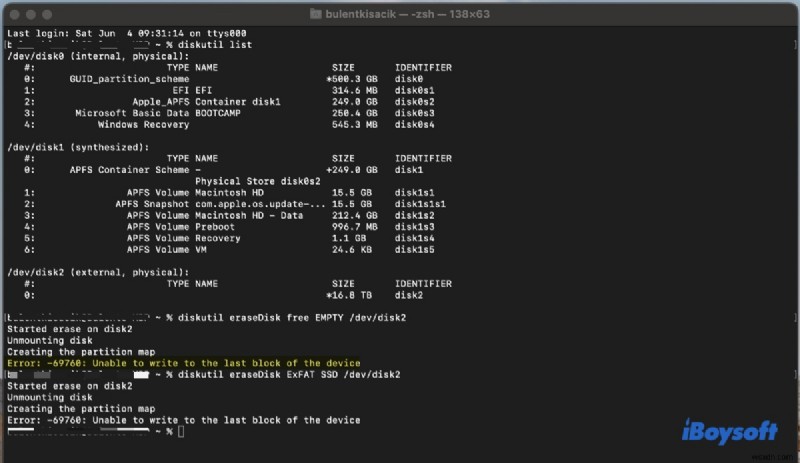 แก้ไขข้อผิดพลาด macOS Disk Utility 69760: ไม่สามารถเขียนไปยังบล็อกสุดท้ายของอุปกรณ์ได้  