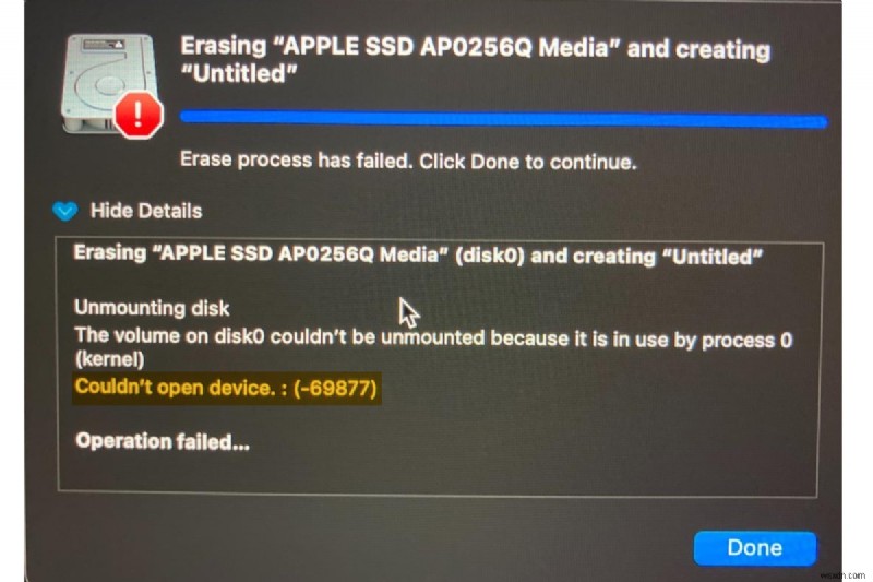 วิธีแก้ไขข้อผิดพลาด  ปัญหาที่พบในแผนที่พาร์ติชัน  ใน Disk Utility 