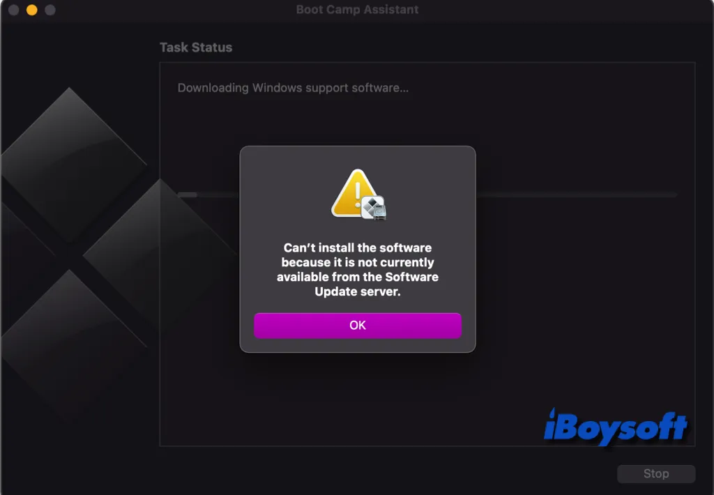 โปรแกรมติดตั้ง Boot Camp ไม่สามารถติดตั้งซอฟต์แวร์สนับสนุน Windows บน macOS Sonoma 