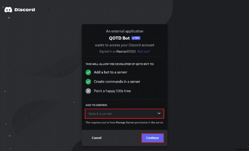 เพิ่ม QOTD Bot ไปยังเซิร์ฟเวอร์ Discord ของคุณ:คำแนะนำทีละขั้นตอน