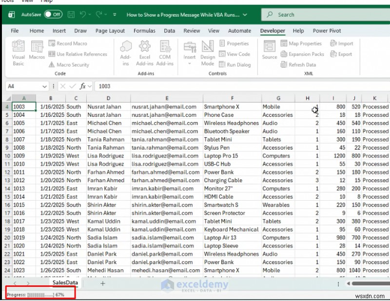 รักษาการตอบสนองของ Excel:แสดงข้อความความคืบหน้าขณะทำงาน VBA