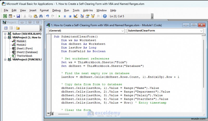 สร้างแบบฟอร์ม Excel แบบล้างตัวเองโดยใช้ VBA และช่วงที่ตั้งชื่อ 