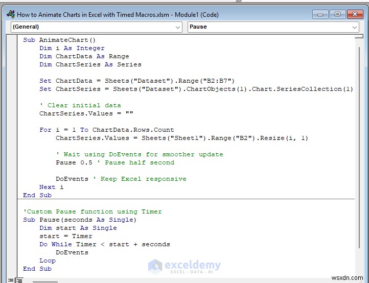 ทำให้แผนภูมิ Excel เคลื่อนไหวด้วยมาโครตั้งเวลา:คำแนะนำทีละขั้นตอน