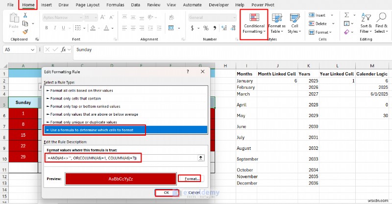 สร้างปฏิทินแบบไดนามิกใน Excel ด้วยการควบคุมแบบฟอร์ม—คำแนะนำทีละขั้นตอน 