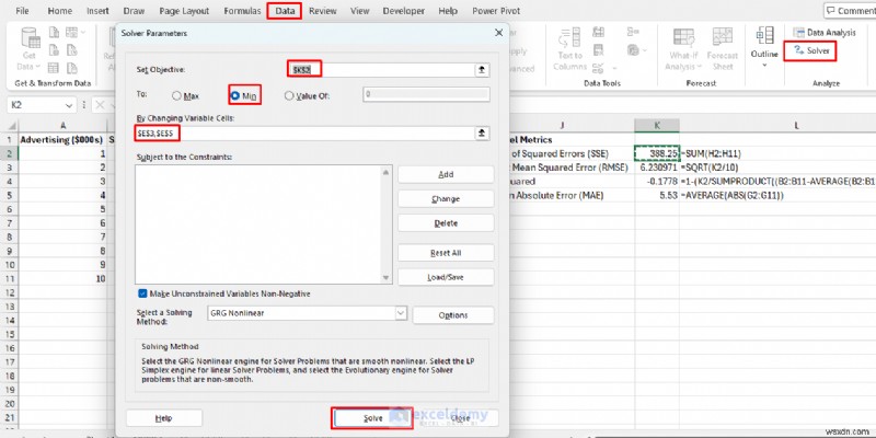 สร้างโมเดล ML น้ำหนักเบาใน Excel โดยใช้ตัวแก้ปัญหาและสูตร