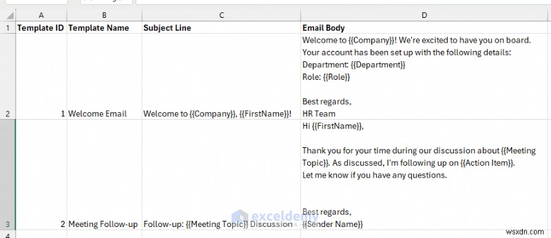 สร้างตัวสร้างอีเมลแบบไดนามิกใน Excel โดยใช้เทมเพลต 