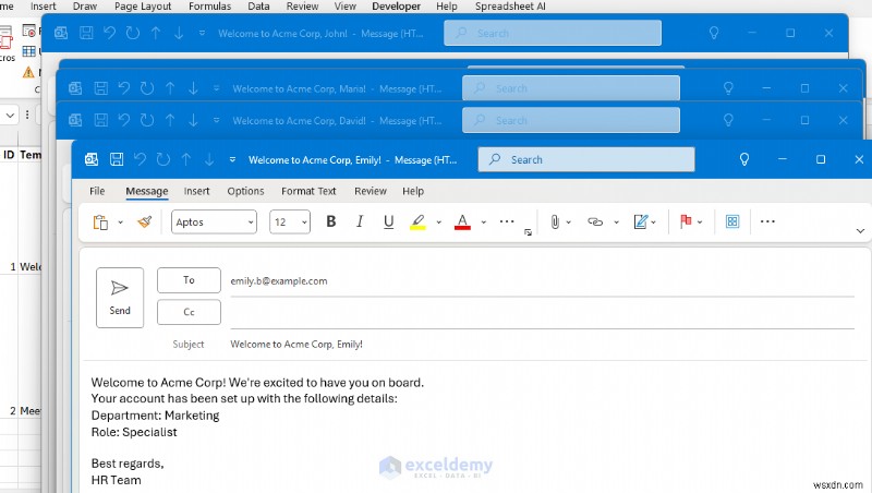 สร้างตัวสร้างอีเมลแบบไดนามิกใน Excel โดยใช้เทมเพลต 