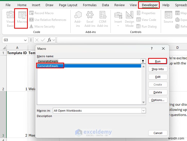 สร้างตัวสร้างอีเมลแบบไดนามิกใน Excel โดยใช้เทมเพลต 
