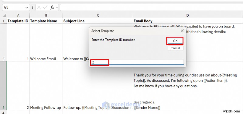 สร้างตัวสร้างอีเมลแบบไดนามิกใน Excel โดยใช้เทมเพลต 