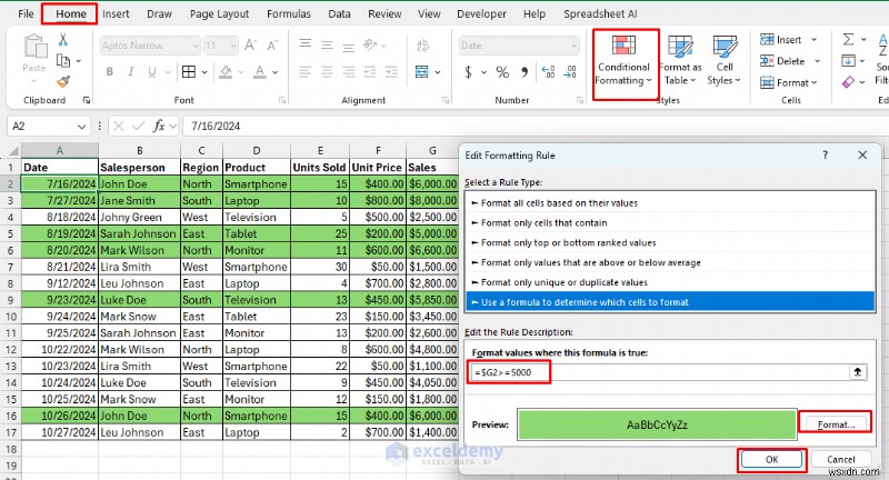 การจัดรูปแบบตามเงื่อนไขตามสูตรหลักใน Excel