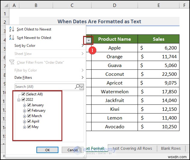 วิธีแก้ไขปัญหาตัวกรองวันที่ของ Excel ในรายงานการขายของชำ